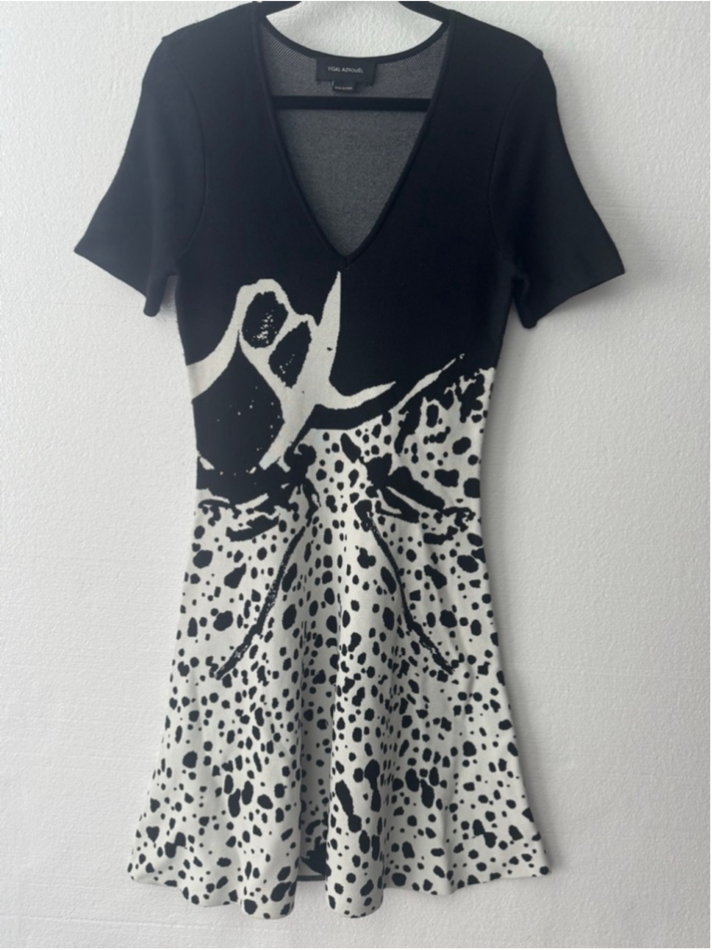 Yigal Azrouël Jacquard Fit and Flare Dress Size L Black White